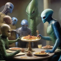 A hyperrealistic scene of an intergalactic peace treaty being sealed, wherein a large, genial alien is generously offering a bizarre, intriguing selection of alien food to a group of human delegates.