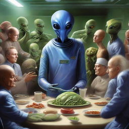 A hyperrealistic scene of an intergalactic peace treaty being sealed, wherein a large, genial alien is generously offering a bizarre, intriguing selection of alien food to a group of human delegates.