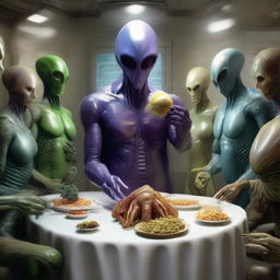 A hyperrealistic scene of an intergalactic peace treaty being sealed, wherein a large, genial alien is generously offering a bizarre, intriguing selection of alien food to a group of human delegates.