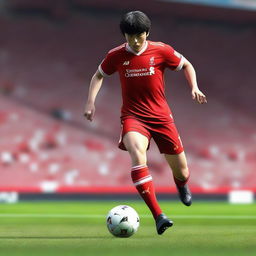 3D photorealistic depiction of Captain Tsubasa wearing a Liverpool jersey