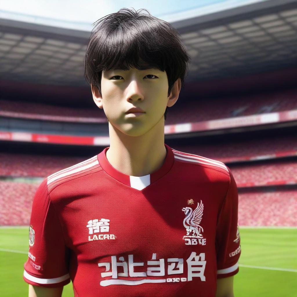 3D photorealistic depiction of Captain Tsubasa wearing a Liverpool jersey