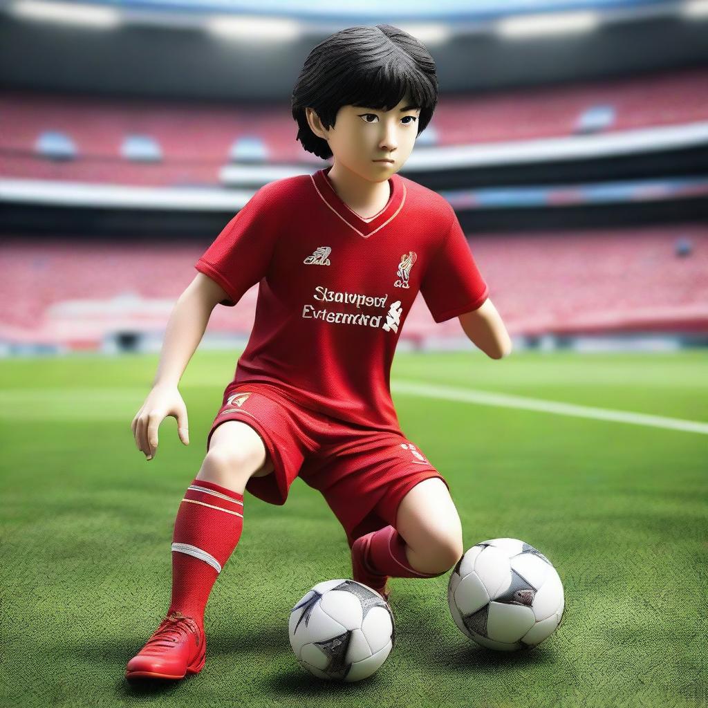 3D photorealistic depiction of Captain Tsubasa wearing a Liverpool jersey