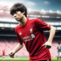 3D photorealistic depiction of Captain Tsubasa wearing a Liverpool jersey