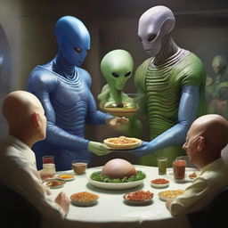 A hyperrealistic scene of an intergalactic peace treaty being sealed, wherein a large, genial alien is generously offering a bizarre, intriguing selection of alien food to a group of human delegates.