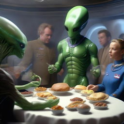 A hyperrealistic scene of an intergalactic peace treaty being sealed, wherein a large, genial alien is generously offering a bizarre, intriguing selection of alien food to a group of human delegates.