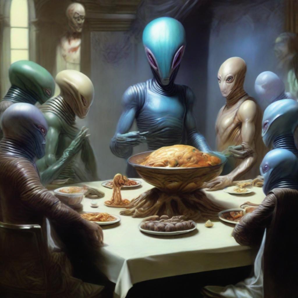 A hyperrealistic scene of an intergalactic peace treaty being sealed, wherein a large, genial alien is generously offering a bizarre, intriguing selection of alien food to a group of human delegates.