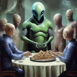 A hyperrealistic scene of an intergalactic peace treaty being sealed, wherein a large, genial alien is generously offering a bizarre, intriguing selection of alien food to a group of human delegates.