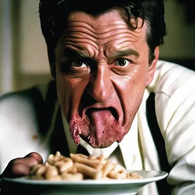 The intense close-up shot showcased the actor's revulsion as he consumed a plate of tripe in the horror movie.