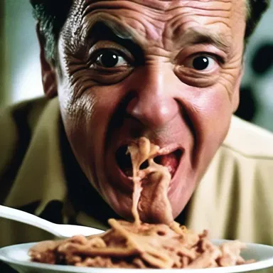 The intense close-up shot showcased the actor's revulsion as he consumed a plate of tripe in the horror movie.