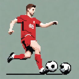 Create a pixel art representation of Steven Gerrard, wearing his iconic Liverpool FC jersey, posed dynamically as if just about to kick a football.