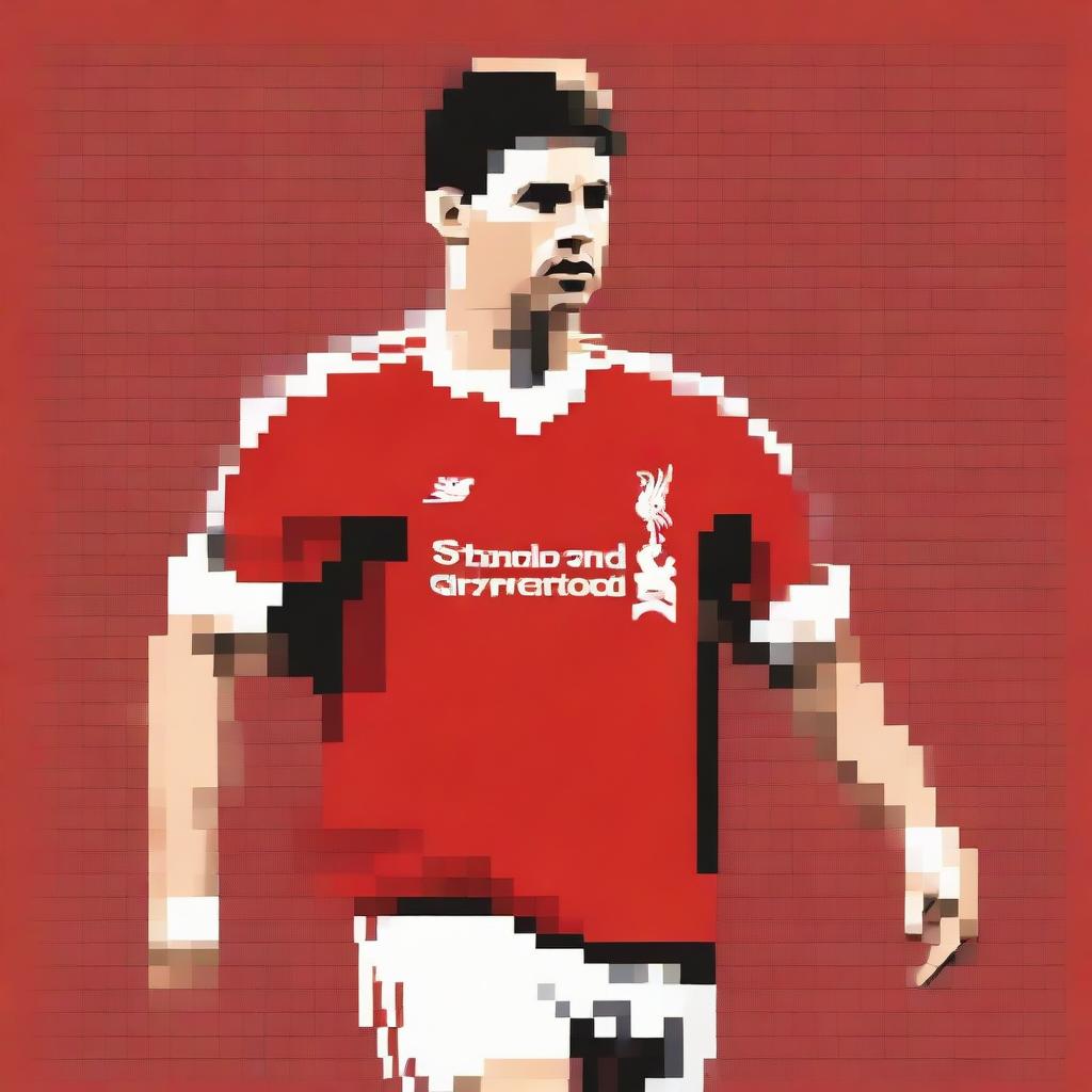 Create a pixel art representation of Steven Gerrard, wearing his iconic Liverpool FC jersey, posed dynamically as if just about to kick a football.