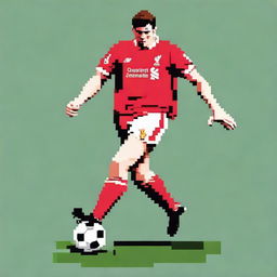 Create a pixel art representation of Steven Gerrard, wearing his iconic Liverpool FC jersey, posed dynamically as if just about to kick a football.