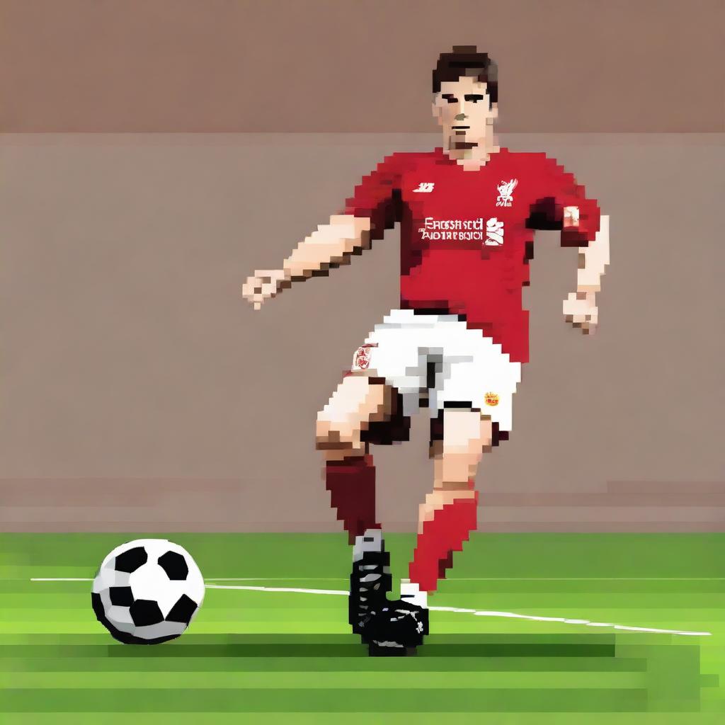 Create a pixel art representation of Steven Gerrard, wearing his iconic Liverpool FC jersey, posed dynamically as if just about to kick a football.