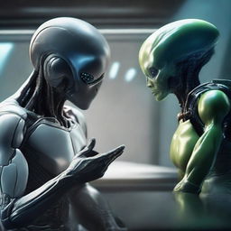 Depict an ultra-realistic, high-resolution 1080p scene of a human and an alien signing a peace treaty, symbolizing trust and cooperation against the backdrop of a high-tech interstellar setting.