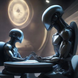 Depict an ultra-realistic, high-resolution 1080p scene of a human and an alien signing a peace treaty, symbolizing trust and cooperation against the backdrop of a high-tech interstellar setting.