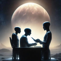 Depict an ultra-realistic, high-resolution 1080p scene of a human and an alien signing a peace treaty, symbolizing trust and cooperation against the backdrop of a high-tech interstellar setting.