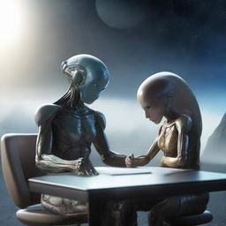 Depict an ultra-realistic, high-resolution 1080p scene of a human and an alien signing a peace treaty, symbolizing trust and cooperation against the backdrop of a high-tech interstellar setting.