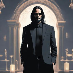 Jesus Christ styled in a modern interpretation, wearing an all-black John Wick suit, displaying an air of serene tranquility.