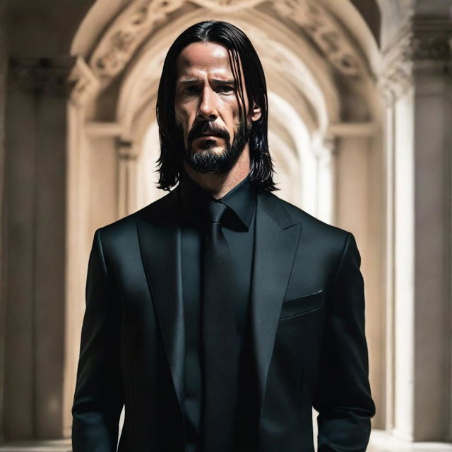 Jesus Christ styled in a modern interpretation, wearing an all-black John Wick suit, displaying an air of serene tranquility.