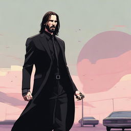 Jesus Christ styled in a modern interpretation, wearing an all-black John Wick suit, displaying an air of serene tranquility.