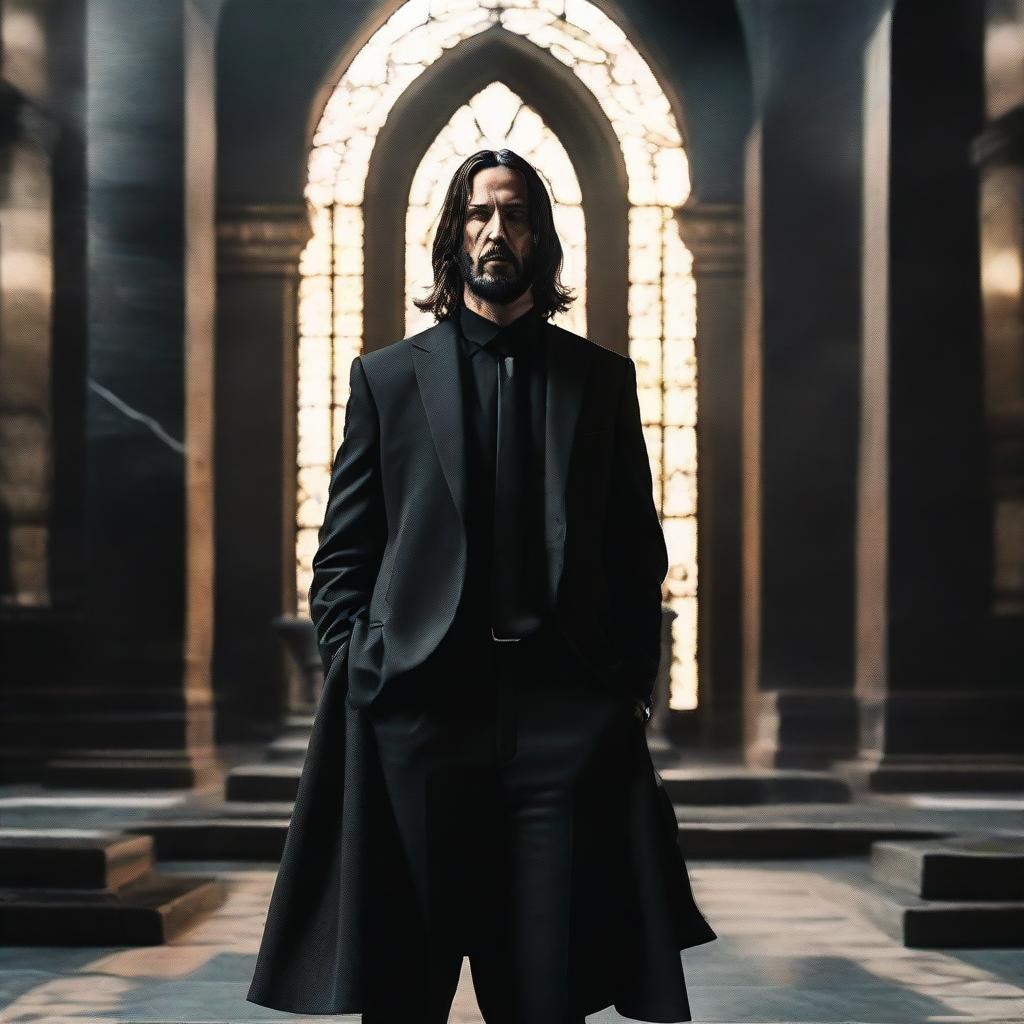 Jesus Christ styled in a modern interpretation, wearing an all-black John Wick suit, displaying an air of serene tranquility.