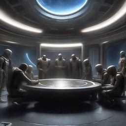 Ultra-realistic, 1080p high resolution depiction of a ceremonious event of humans and aliens signing a peace treaty, showcasing unity and camaraderie amid the awe-inspiring grandeur of a high-tech interstellar chamber.