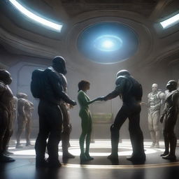 Ultra-realistic, 1080p high resolution depiction of a ceremonious event of humans and aliens signing a peace treaty, showcasing unity and camaraderie amid the awe-inspiring grandeur of a high-tech interstellar chamber.