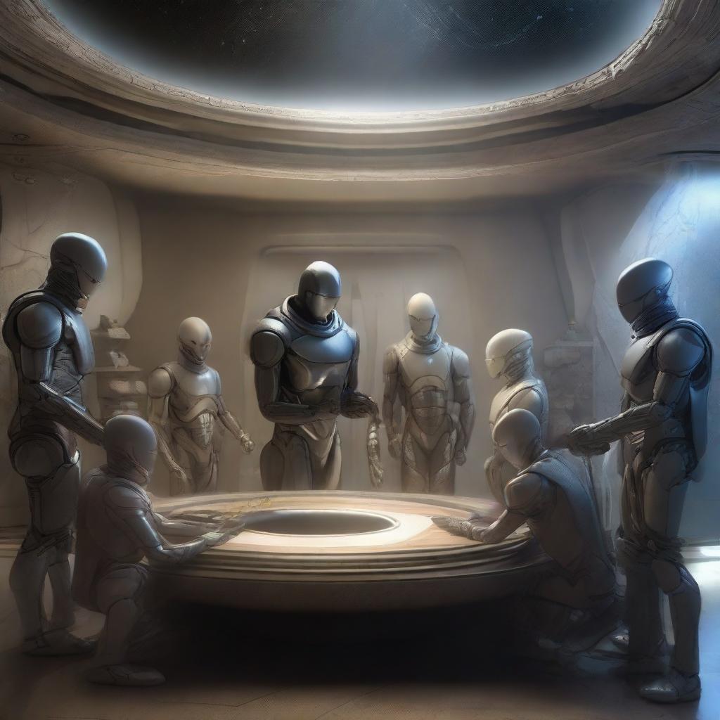 Ultra-realistic, 1080p high resolution depiction of a ceremonious event of humans and aliens signing a peace treaty, showcasing unity and camaraderie amid the awe-inspiring grandeur of a high-tech interstellar chamber.