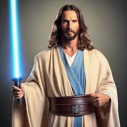 Jesus Christ wearing traditional Jedi garments, featuring a long flowing robe and holding a blue lightsaber in a pose of calm readiness.