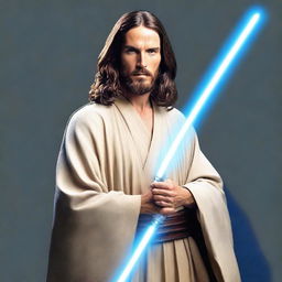 Jesus Christ wearing traditional Jedi garments, featuring a long flowing robe and holding a blue lightsaber in a pose of calm readiness.