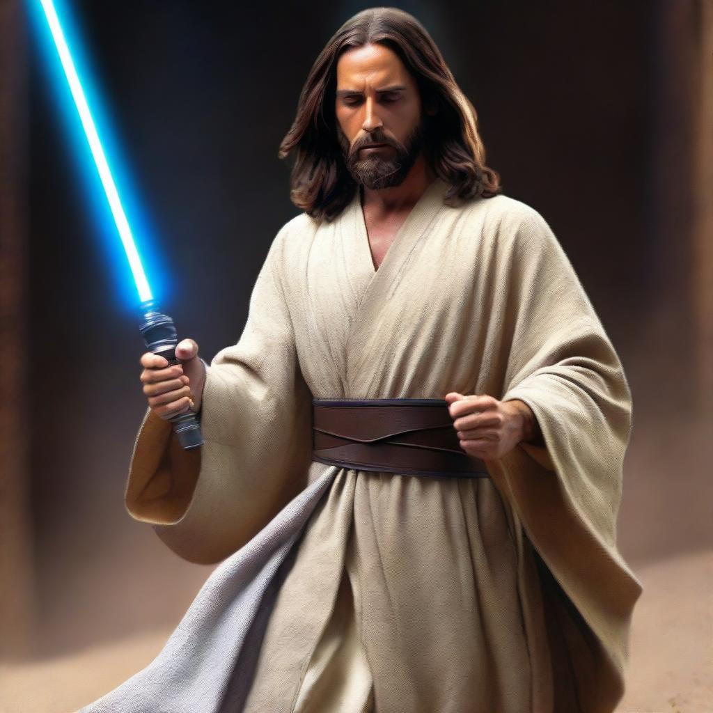 Jesus Christ wearing traditional Jedi garments, featuring a long flowing robe and holding a blue lightsaber in a pose of calm readiness.