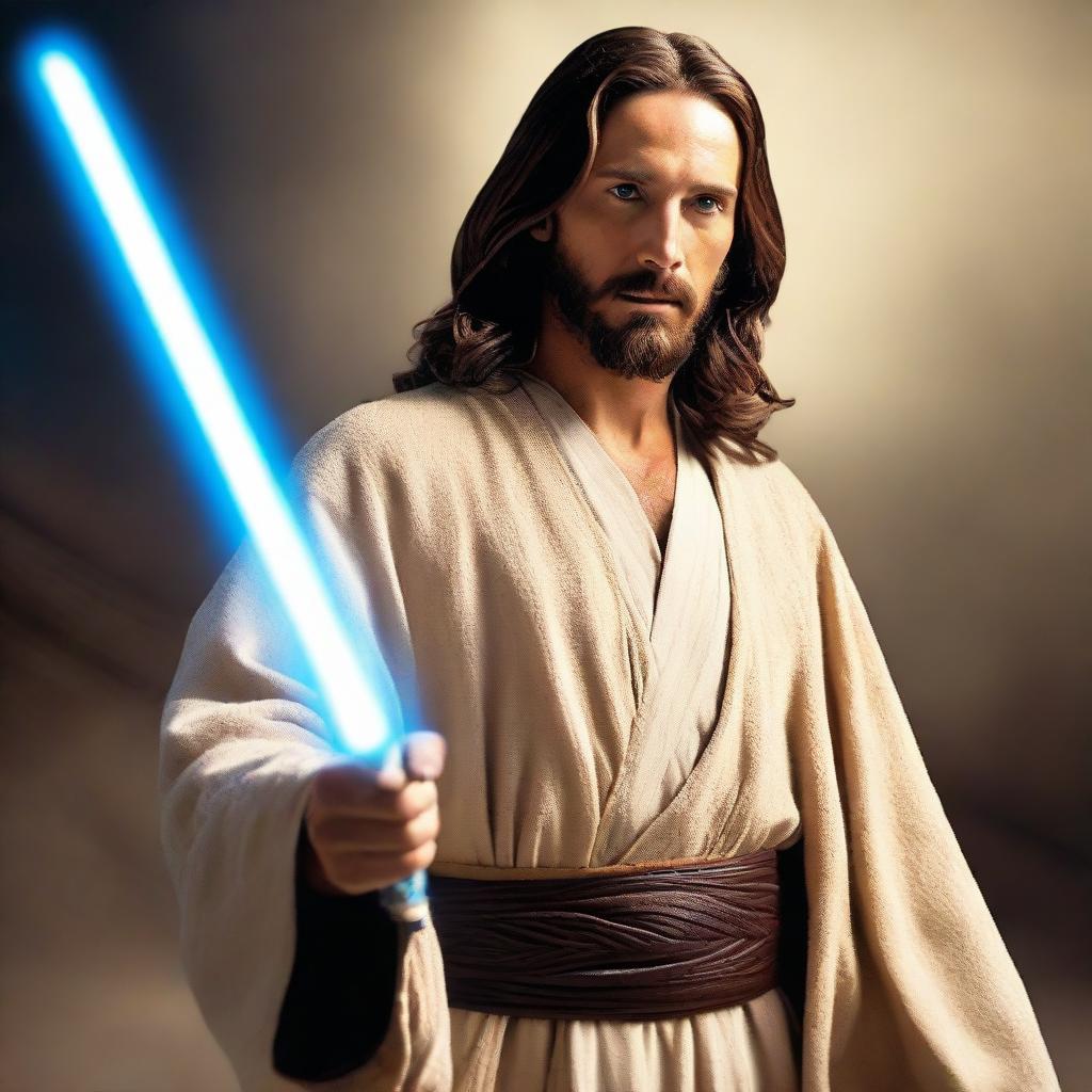 Jesus Christ wearing traditional Jedi garments, featuring a long flowing robe and holding a blue lightsaber in a pose of calm readiness.