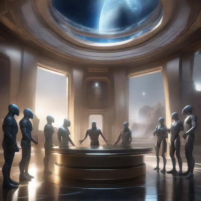 Ultra-realistic, 1080p high resolution depiction of a ceremonious event of humans and aliens signing a peace treaty, showcasing unity and camaraderie amid the awe-inspiring grandeur of a high-tech interstellar chamber.