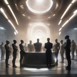 Ultra-realistic, 1080p high resolution depiction of a ceremonious event of humans and aliens signing a peace treaty, showcasing unity and camaraderie amid the awe-inspiring grandeur of a high-tech interstellar chamber.