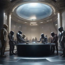 Ultra-realistic, 1080p high resolution depiction of a ceremonious event of humans and aliens signing a peace treaty, showcasing unity and camaraderie amid the awe-inspiring grandeur of a high-tech interstellar chamber.