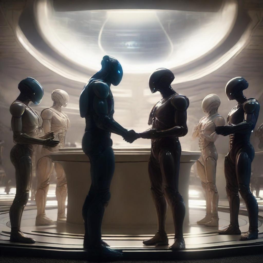 Ultra-realistic, 1080p high resolution depiction of a ceremonious event of humans and aliens signing a peace treaty, showcasing unity and camaraderie amid the awe-inspiring grandeur of a high-tech interstellar chamber.