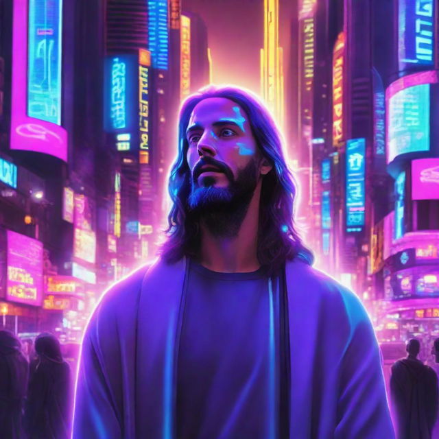 A futuristic and cyberpunk vision of Jesus Christ, featuring neon lights, technological advancements, and distinct cybernetic enhancements in a bustling cityscape.