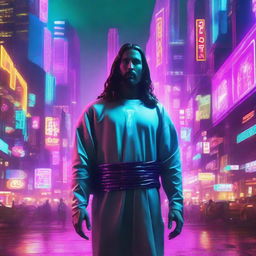 A futuristic and cyberpunk vision of Jesus Christ, featuring neon lights, technological advancements, and distinct cybernetic enhancements in a bustling cityscape.