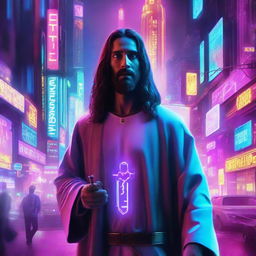 A futuristic and cyberpunk vision of Jesus Christ, featuring neon lights, technological advancements, and distinct cybernetic enhancements in a bustling cityscape.