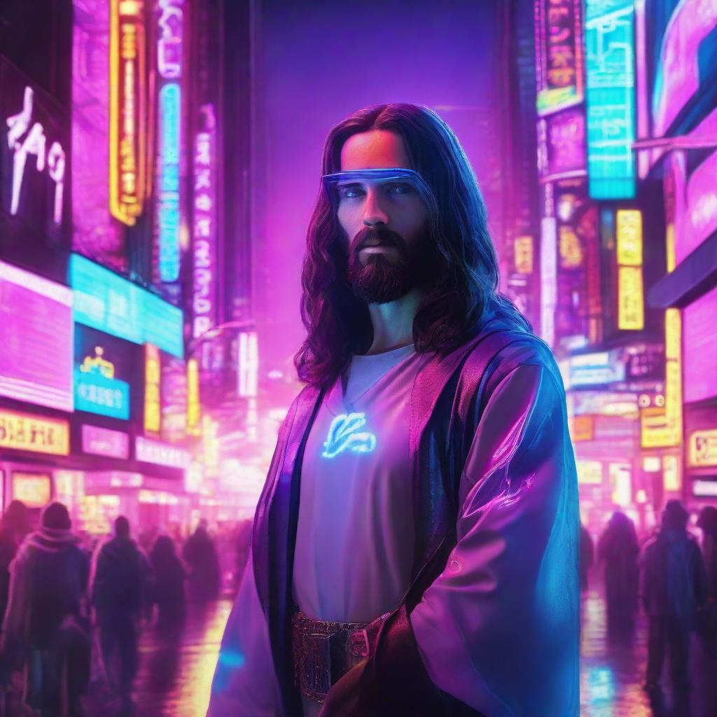 A futuristic and cyberpunk vision of Jesus Christ, featuring neon lights, technological advancements, and distinct cybernetic enhancements in a bustling cityscape.