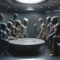 A high resolution, ultra-realistic image illustrating an important event: humans and various alien races gathered together, actively involved in signing a peace treaty within an expansive, technologically advanced chamber.