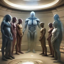 A high resolution, ultra-realistic image illustrating an important event: humans and various alien races gathered together, actively involved in signing a peace treaty within an expansive, technologically advanced chamber.