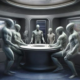 A high resolution, ultra-realistic image illustrating an important event: humans and various alien races gathered together, actively involved in signing a peace treaty within an expansive, technologically advanced chamber.