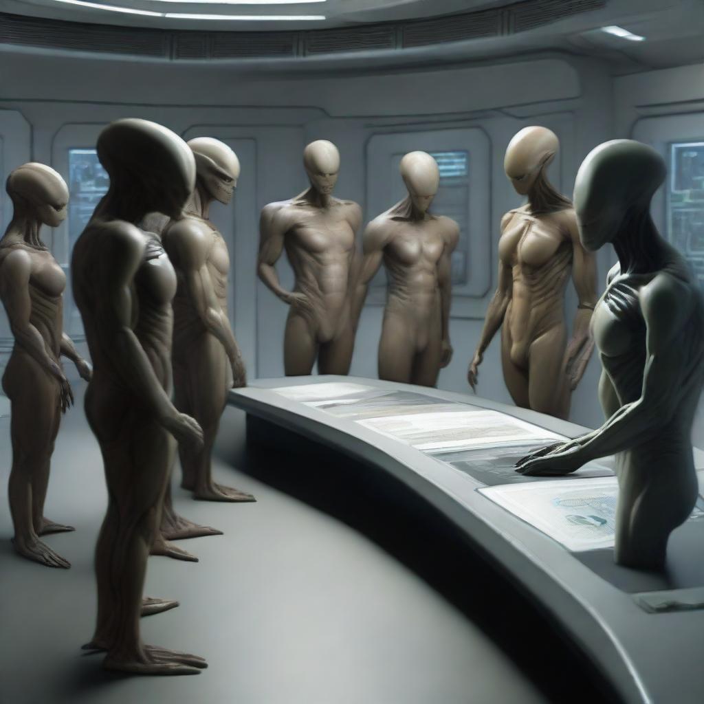 A high resolution, ultra-realistic image illustrating an important event: humans and various alien races gathered together, actively involved in signing a peace treaty within an expansive, technologically advanced chamber.