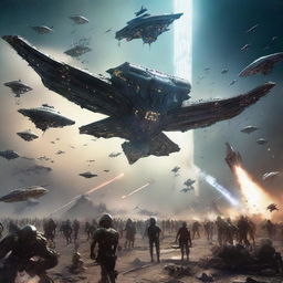 A chaotic yet epic scene depicting humans and various alien species engaged in a massive, high-stakes interstellar war, with advanced spaceships, futuristic weapons, and cosmic battlefields.