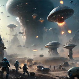 A chaotic yet epic scene depicting humans and various alien species engaged in a massive, high-stakes interstellar war, with advanced spaceships, futuristic weapons, and cosmic battlefields.