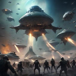 A chaotic yet epic scene depicting humans and various alien species engaged in a massive, high-stakes interstellar war, with advanced spaceships, futuristic weapons, and cosmic battlefields.