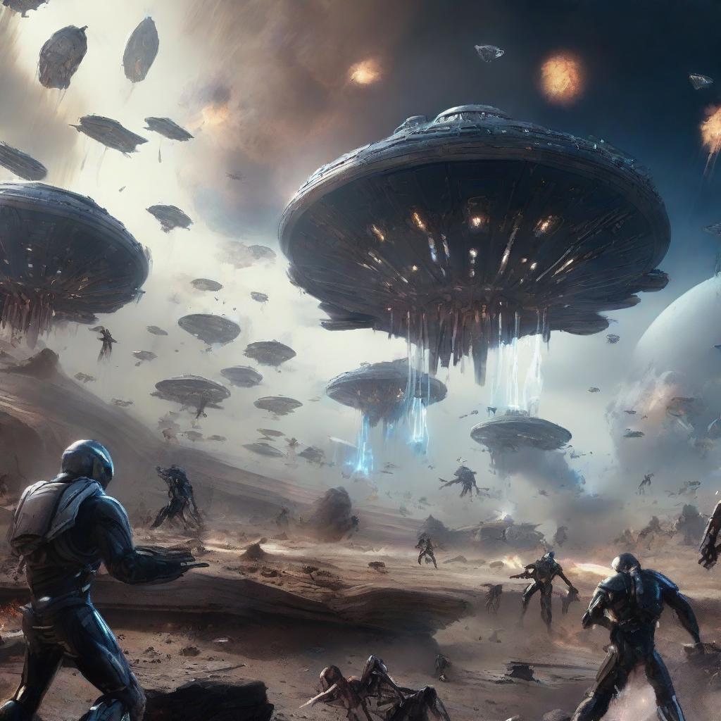 A chaotic yet epic scene depicting humans and various alien species engaged in a massive, high-stakes interstellar war, with advanced spaceships, futuristic weapons, and cosmic battlefields.