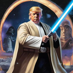 Donald Trump as a Jedi knight, in traditional Jedi attire, holding a lightsaber, set against a Star Wars backdrop with starships and distant galaxies.