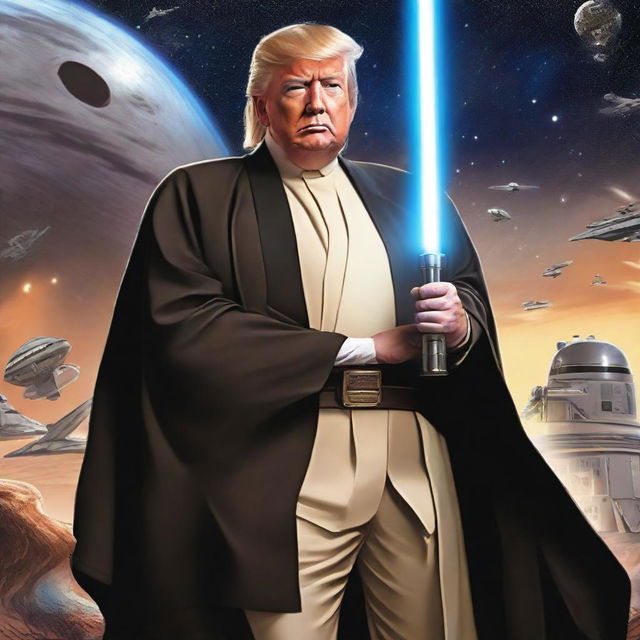 Donald Trump as a Jedi knight, in traditional Jedi attire, holding a lightsaber, set against a Star Wars backdrop with starships and distant galaxies.